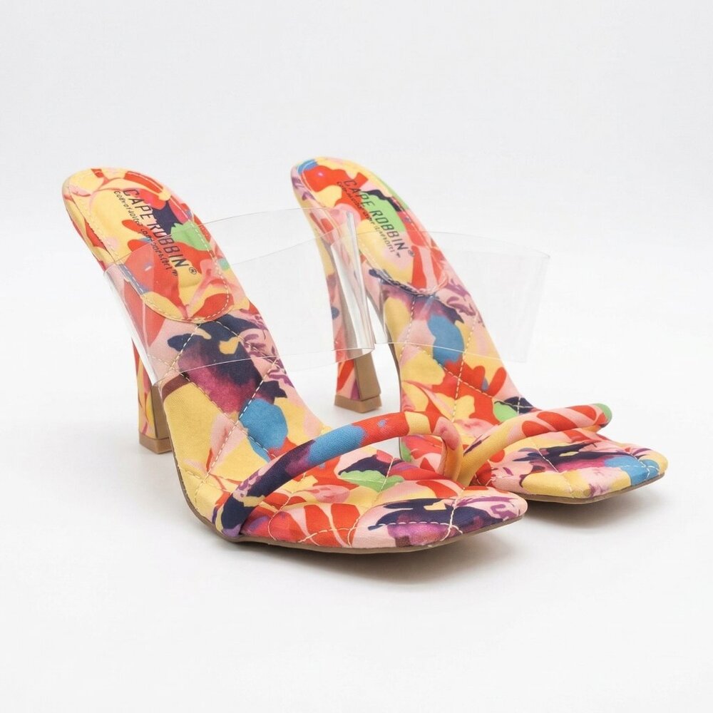 NWOT Cape Robbin Musa Floral Mules Clear Strap Square Toe Block Heel Sandals 9